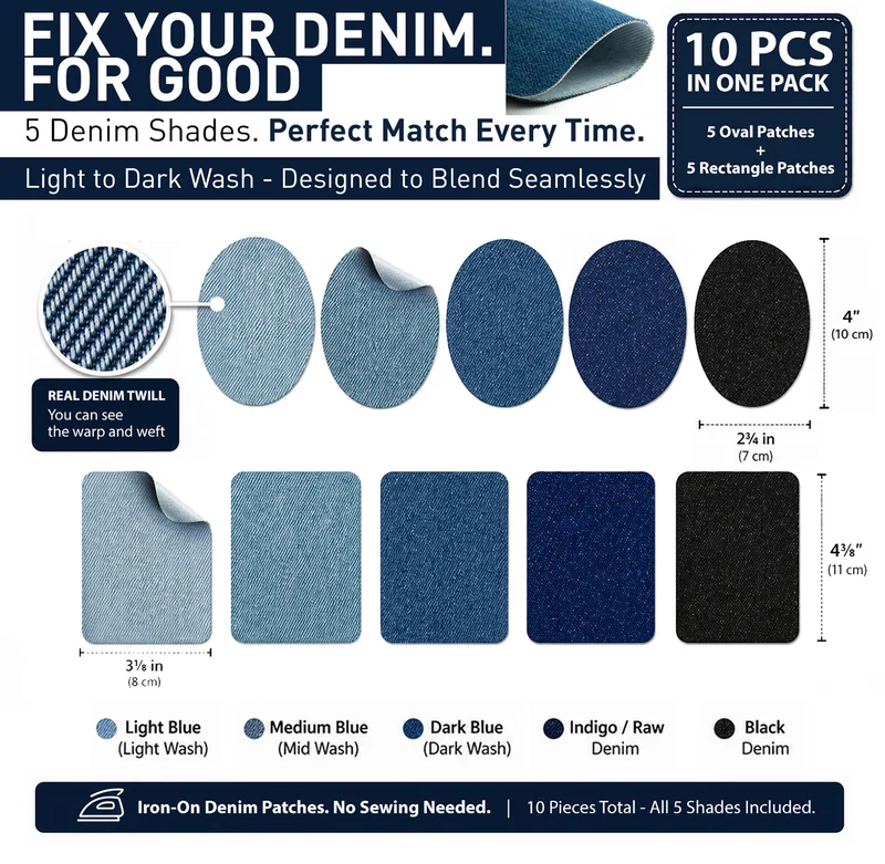 Iron-On Denim Repair Patches for Jeans (10 Pack)