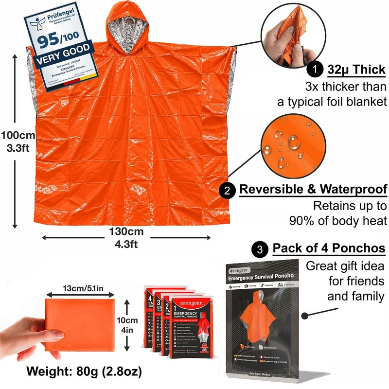 Emergency Survival Foil Poncho (4pc), Reversible