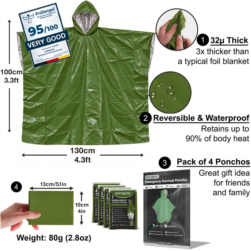 Emergency Survival Foil Poncho (4pc), Reversible