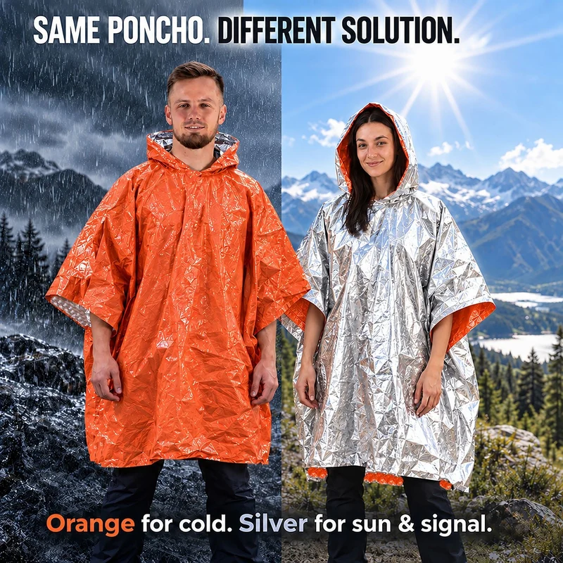 Emergency Survival Foil Poncho (4pc), Reversible