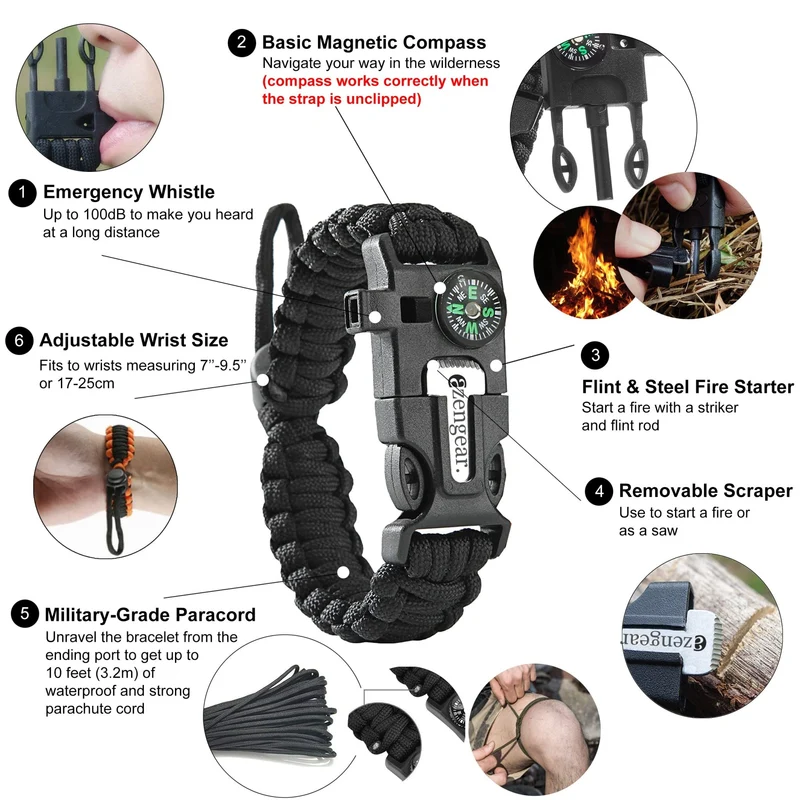 Paracord Survival Bracelet (2 Pack), Fire Starter, Whistle, Compass
