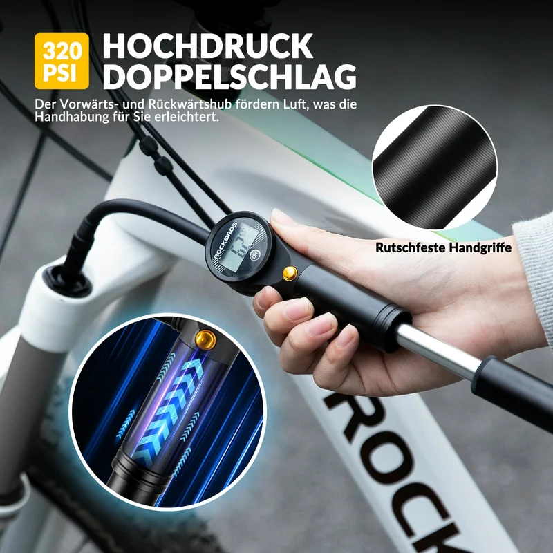 Fahrradpumpe Luftpumpe Max. 320PSI Hochdruck Presta&Schrader Luftdruck Einstellbare Tragbare Zweitakt-Pumpe mit Elektronischer Druckanzeige