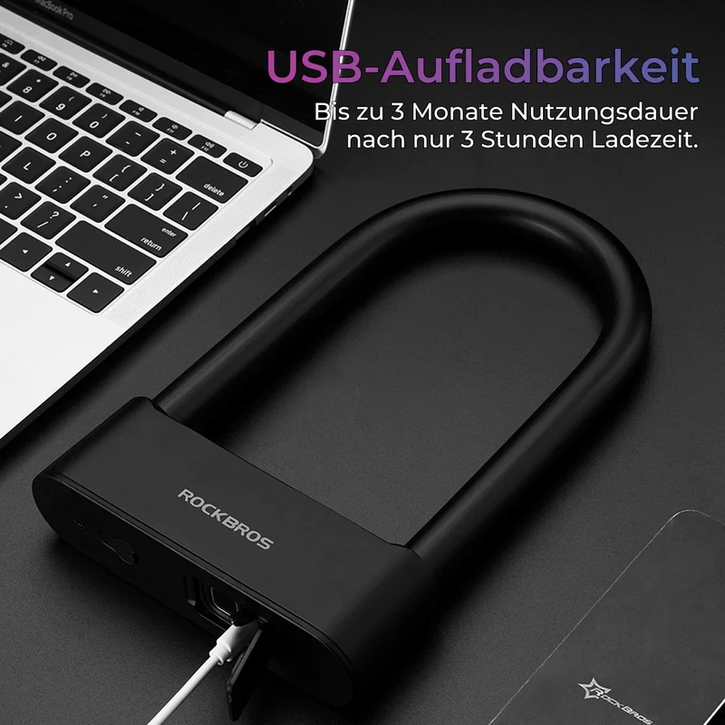 Schloss Fingerabdruck Wasserdicht IP6 Fahrrad Bügelschloss Bluetooth Schloss mit Schlüssel USB-Aufladung