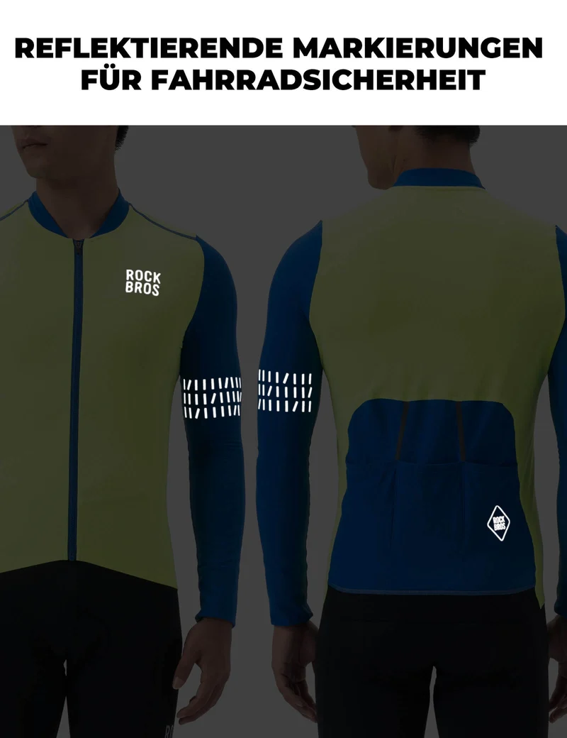 Fahrradtrikot Langarm Herren Winter Warm Fleece Radtrikot Atmungsaktiv Elastisch Mit 3 Taschen und Reflektierend