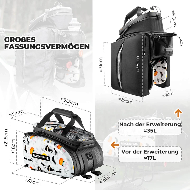 ROCKBROS Fahrrad Gepäckträgertasche 17-35L mit Regenhülle