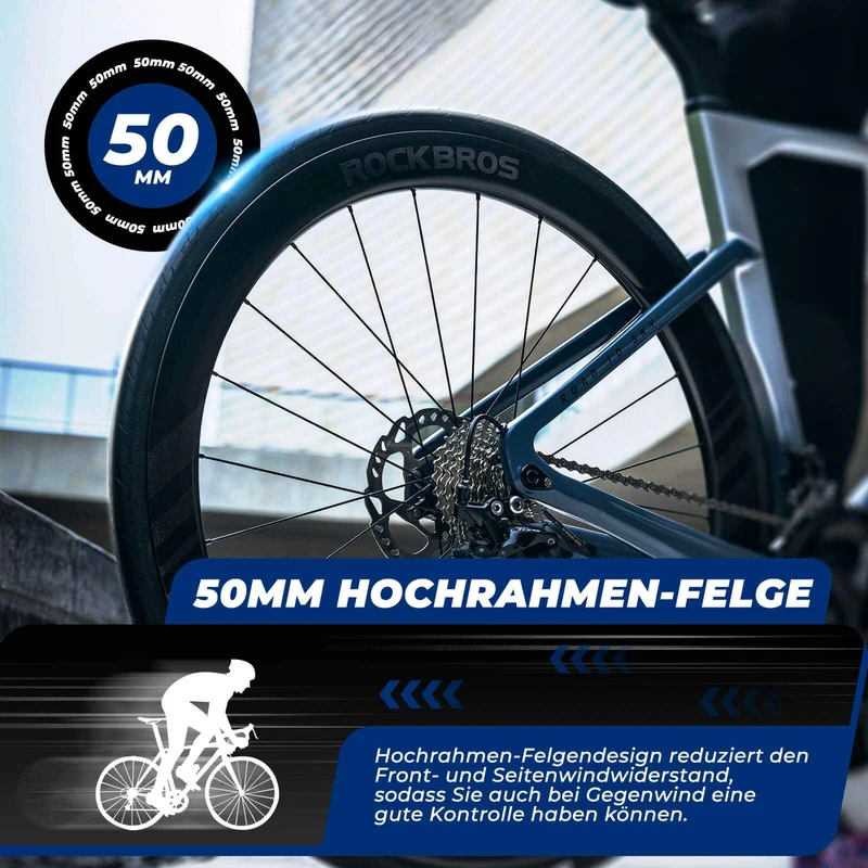 ROCKBROS T700 Carbon Laufradsatz 28‘‘ 50mm Scheibenbremse Steckachse Laufrad Set für Rennrad und SHIMANO 8-12 Fach 24 Speichen 36T-Stahllager