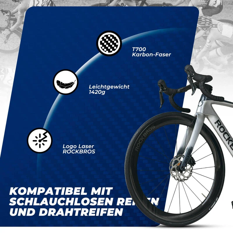 ROCKBROS T700 Carbon Laufradsatz 28‘‘ 50mm Scheibenbremse Steckachse Laufrad Set für Rennrad und SHIMANO 8-12 Fach 24 Speichen 36T-Stahllager