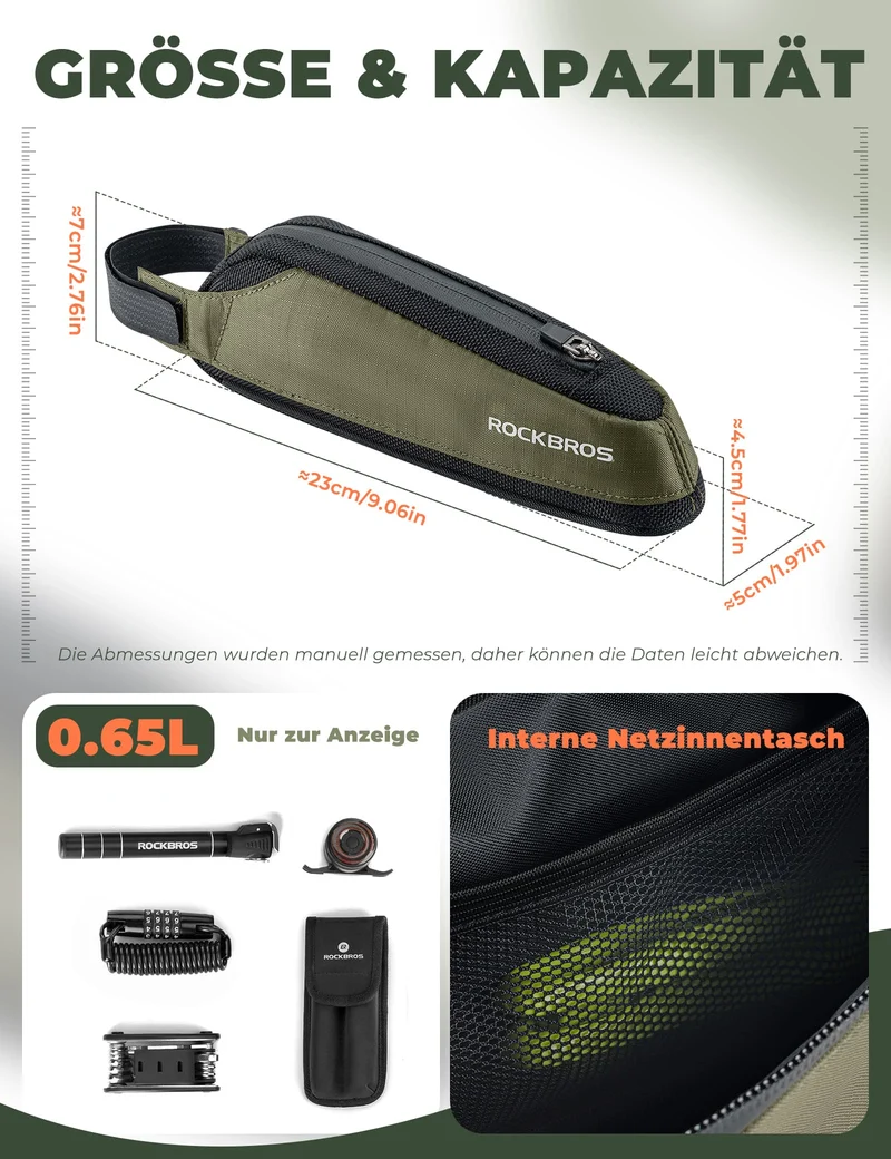 Fahrradtasche Reflektierende Oberrohrtasche Dunkelgrün 0.65L