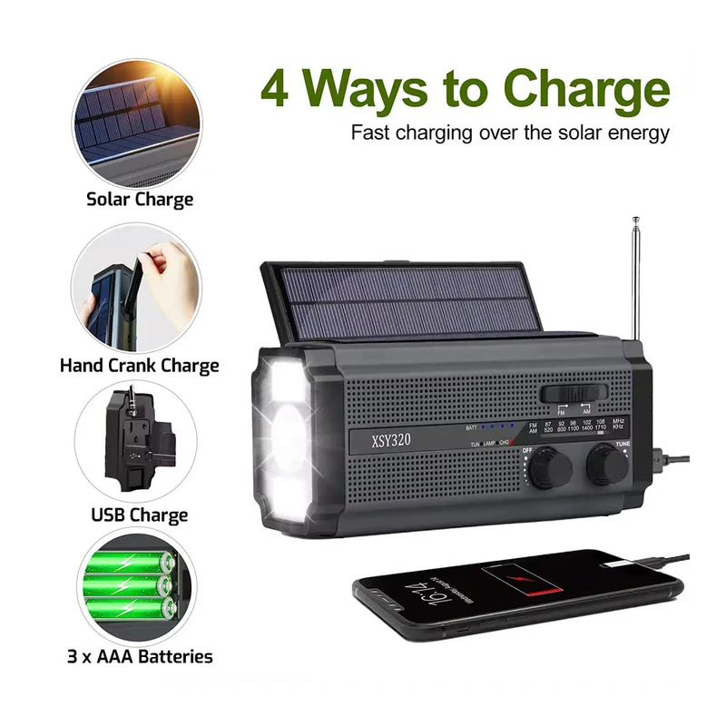 Sunny Hiker - Notfallradio mit Powerbank 5.000 mAh (Kann 3xAAA Batterien verwenden) // Schwarz