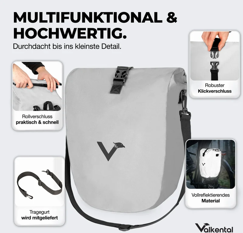 Valkental Bike Bag große & wasserdichte Gepäckträgertasche inkl. Umhängegurt reflective