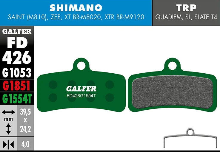 Galfer Bremsbelag Pro Shimano 4-Kolben: Saint, Zee, XTR, XT, SLX, Deore 39,5 x 24,2 x 4 mm 1 Paar grün