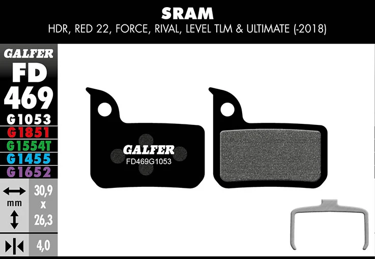Galfer Bremsbelag Performance SRAM HRD, Red/ Force/ Rival 22, CX1, Apex 1, Level 30,9 x 26,3 x 4 mm 1 Paar schwarz